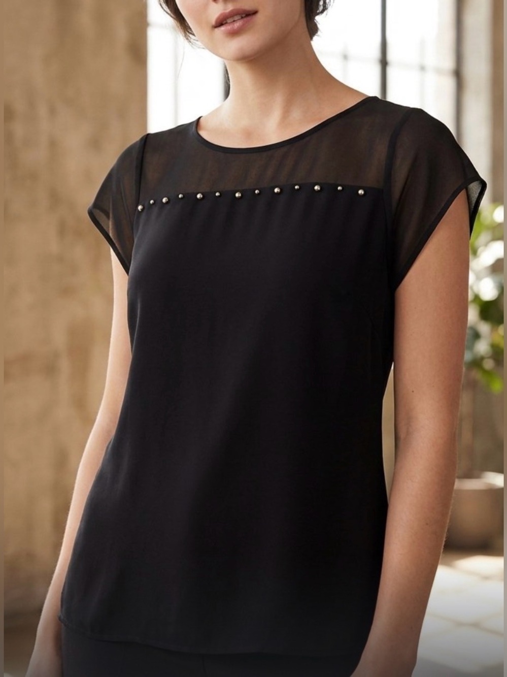 Calvin Klein Black Sheer Yoke Stud-Trim Blouse